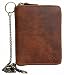FLW Glazed Genuine Leather Zip-around (zipper around) Wallet with Metal Chain to Hang
