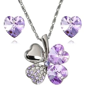 Click Here For Cheap Amazon.com: Lucky Love 18k Gold Plated Heart Shaped Four Leaf Clover Swarovski Crystal Pendant Necklace And Earrings Set - Amethyst Purple: Dahlia: Jewelry For Sale