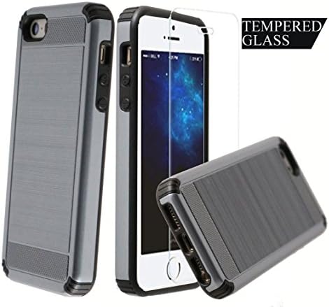 Dual Layer Armor [Free Tempered Glass Screen Protector][ Drop Protection] Full Body Protective Hybrid Case cover for Apple iPhone 5 / 5S / 5SE (Titanium Grey)