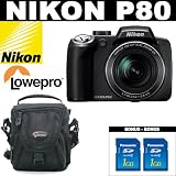 Nikon Coolpix P80 10.1MP Digital Camera with 18x Wide Angle Optical Vibration Reduction Zoom + Lowepro Nova Micro AW Camera Bag (Black) + Panasonic SD1GB Memory Card (X2)