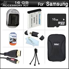 16GB Accessories Kit For Samsung DV300F DualView Digital Camera Includes 16GB High Speed Micro SD Memory Card + Extended Replacement (1000 maH) BP88 Battery + AC/DC Travel Charger + MiCRO HDMI Cable + USB Card Reader + Case + Mini TableTop Tripod + More