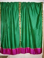 2 Green Fuschia Art Silk Sari Drapes Curtains Panels Rod Pocket Window Dressing 84"