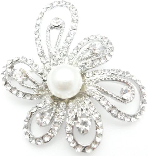 Silver Diamante Faux Pearl Centre Floral 'Emotion D'être' Brooch - Silver Crystal Faux Pearl Centre Floral Brooch, 35mm x 45mm in Silver-Tone Rhodium finish in Diamante Crystals &amp; Faux Pearl