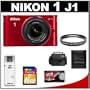 Nikon 1 J1 10.1 MP Digital Camera Body with 10-30mm VR Lens (Red) with 16GB Card + Case + UV Filter + Accessory Kit
