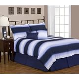 6 Pieces White, Sky Blue and Navy Stripe Reversible Comforter Set/bed-in-a-bag King Size Bedding