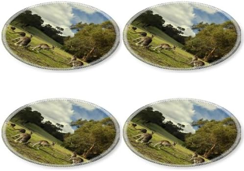 Kangaroo Set Walk Grass Trees Round Coaster (4 Piece) Set Fabric Rubber 5 Inch Size Liil Coaster Cup Mug Can Water Bottle Drink Coasters Stain Resistance Collector Kit Kitchen Table Top Desk