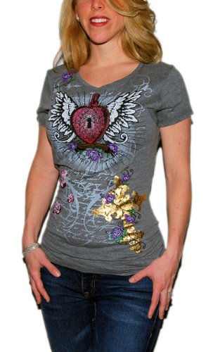 Guess Womens Rhinestone T Shirt Tee Gray Gold Flower Heart Large
