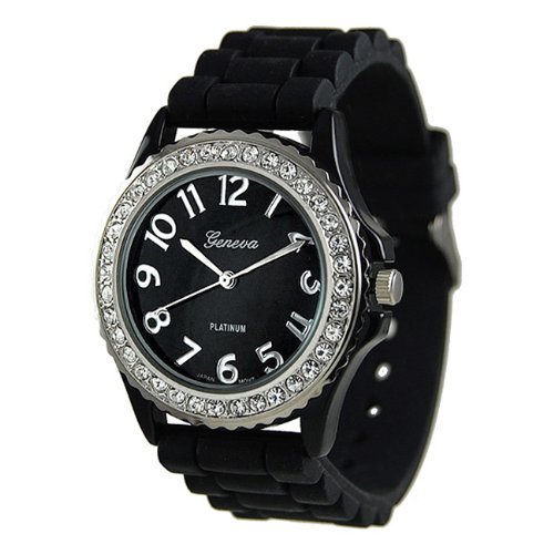 Black Silver Silicone Gel Ceramic Style Band Crystal Bezel Watch
