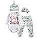Baby Girls Christmas Xmas 4pcs Outfit Headband+Hat+Romper+Pants Leggings (M(3-6M), White)