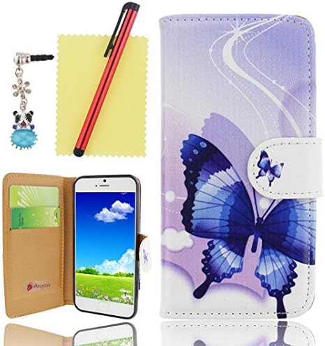 Ancerson 2014 New Women Lady Girl Stylish Elegant Luxury Fantasy Butterfly Flower Colorful Printed Magnet Buckle Built-in Credit/ ID Card Slot Pocket PU Leather Flip Folio Stand Protective Purse Wallet Case Cover for Apple iPhone 6 (4.7") Free with a Red Stylus Touchscreen Pen, a 3.5mm Universal Crystal Diamond Rhinestones Bling Lovely Blue Panda Silvery Flower Pendant Dust Plug and a Cleaning Cloth - Retail Package (Blue Butterfly White Strip Cloud)