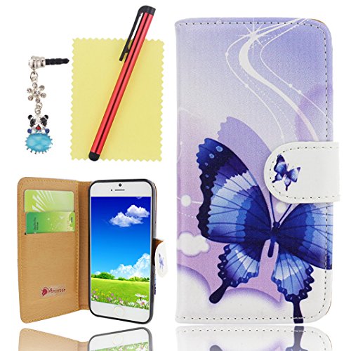 Ancerson 2014 New Women Lady Girl Stylish Elegant Luxury Fantasy Butterfly Flower Colorful Printed Magnet Buckle Built-in Credit/ ID Card Slot Pocket PU Leather Flip Folio Stand Protective Purse Wallet Case Cover for Apple iPhone 6 (4.7") Free with a Red Stylus Touchscreen Pen, a 3.5mm Universal Crystal Diamond Rhinestones Bling Lovely Blue Panda Silvery Flower Pendant Dust Plug and a Cleaning Cloth - Retail Package (Blue Butterfly White Strip Cloud)