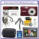 Pentax Optio P70 12MP Digital Camera (Red) + Pentax PTX-L40 Leather Optio Series Case + Transcend 16GB SDHC Secure Digital Memory Card + Willoughby's 7" Digital Photo Frame Package