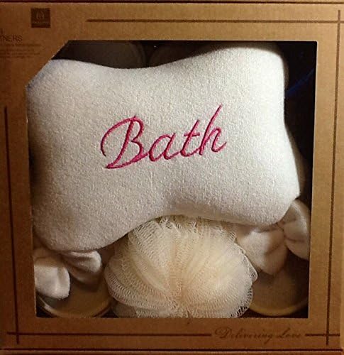 3 Piece Bath Gift Set! Spa Slippers Pillow & Mesh Pouf ~ Pink Writing