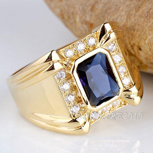 Gold Plated 7x9mm Radiant Cut Simulated Blue Sapphire Men Ring Wide Band