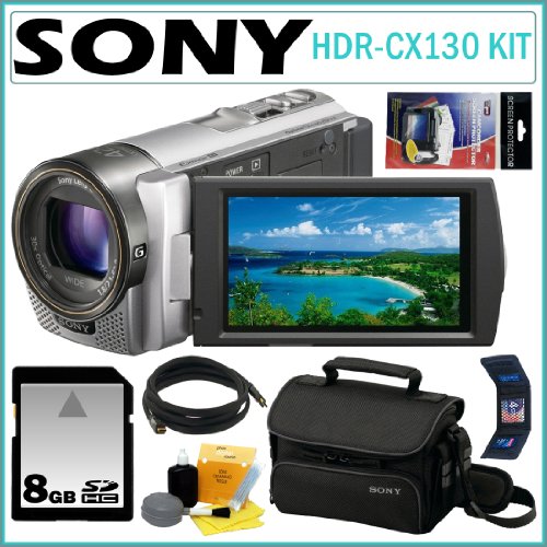Sony HDR-CX130 HDRCX130 HDR-CX130/S 1080P High Definition Handycam Camcorder with Wide Angle G-Lens and 3-inch Touch-Screen in Silver + 8GB Card + Sony Case + Accessory Kit