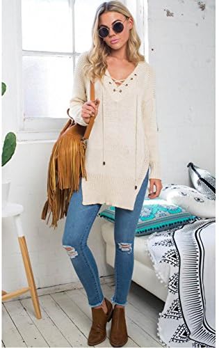 Lace up Long-sleeved V-neck Sexy Women Baggy Kint Sweater Khaki Onesize (milk white)
