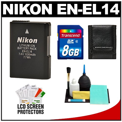 more about Nikon EN-EL14 Rechargeable Li-ion Battery with 8GB Card + Cleaning Kit for Coolpix P7000, P7100  D3100, D5100 Digital SLR Camera