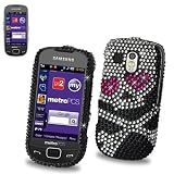 New Fashionable Perfect Fit Hard Diamante Protector Skin Cover (Faceplate/Snap On) Full Rhinestones Diamond Bling for Samsung Caliber SCH-R860 MetroPCS - Skull