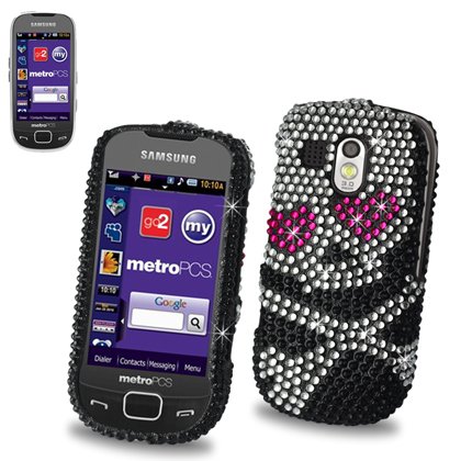 New Fashionable Perfect Fit Hard Diamante Protector Skin Cover (Faceplate/Snap On) Full Rhinestones Diamond Bling for Samsung Caliber SCH-R860 MetroPCS - Skull