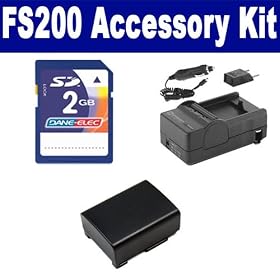 Canon FS200 Camcorder Accessory Kit includes: SDBP808 Battery, SDM-1503 Charger, KSD2GB Memory Card