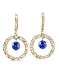 Twin Circle Pave Diamond Earrings In 18K Yellow Gold With A 0.65 ct. Genuine Blue Sapphire Center Stone.