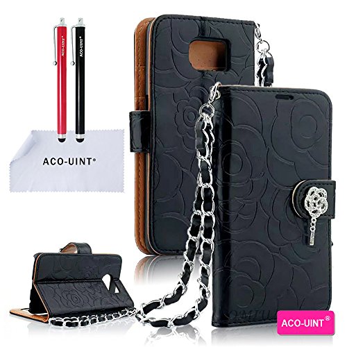 ACO-UINT Galaxy S6 Wallet Case,S6 Wallet Case,Luxury Embossed Flower Leather Wallet Case with Crystal Pendant,Folio Flip Book Cover Strap Case for Samsung Galaxy S6 Black