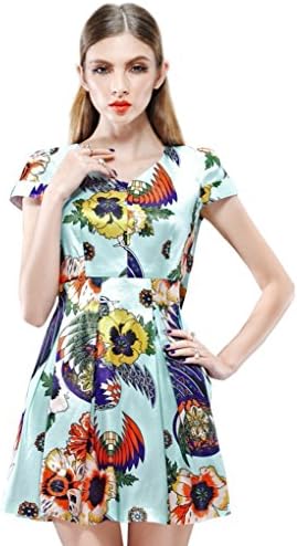 Elf Sack Womens Summer Dress V-neck Short Sleeve Digital Printing Large Hem Small Size