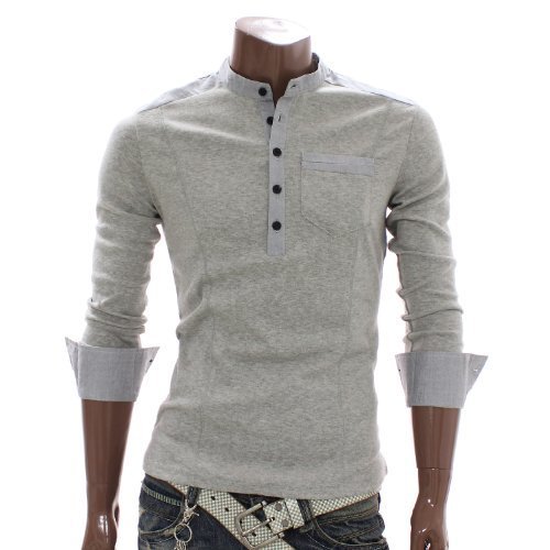 Doublju Mens Casual Button Henley Shirts GRAY Asian L (AT118)