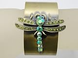 Bronze Gold Tone Olivine Green Crystal Rhinestone Dragonfly Cuff Bracelet Bangle