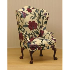 Upholstered Dollhouse Miniature Wing Chair in a red and green floral cotton print