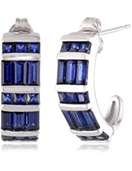 Sterling Silver Created Blue Sapphire Baguette J-Hoop Earrings
