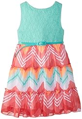 Girls Nylon/Polyester/Spandex Belted Tiered Chevron Print  Dress