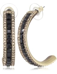 Judith Leiber Jewelry Princess Cut Pave Swarovski Brass Ox and Jet Medium Hoop Earrings