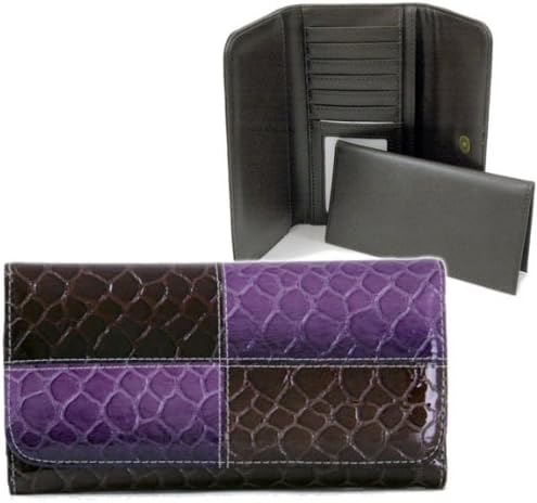 Dasein Women's Snake Skin Leather Like Fold over Flap Checkbook Wallet Purse -Black Purple