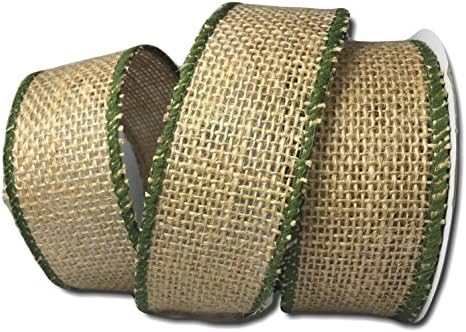 Wired Spring and Summer Burlap Ribbon (1.5 Inches X 21 Feet, Green Border Burlap)