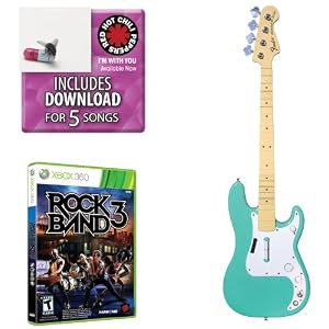 Mad Catz Rock Band 3 Bass Bundle – Includes: Red Hot Chili Peppers Bonus Tracks, Full Game, and Fender Precision Bass Guitar Controller Sea Foam Green for Xbox 360