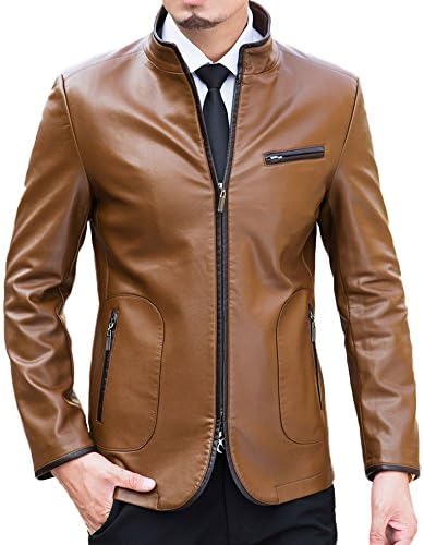 Xmenhere Men's Zip Preceding Stand Down Collar Long Sleeve Leather Coat Yellow XL
