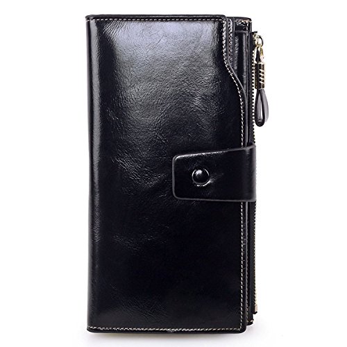 AINIMOER Women's Large Capacity Luxury Wax Genuine Leather Wallet With Zipper Pocket(Black)