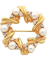 14K Yellow Gold Akoya Cultured White Pearl and Diamond Circle Brooch -- LIFETIME WARRANTY
