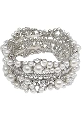 EVER FAITH&reg; Bridal Silver-Tone Flower Simulated Pearl Stretch Bracelet Clear Austrian Crystal