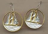 Cayman Islands 25 Cent Sail Boat Two Toned Coin Cut Out Earrings