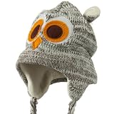 Knit Owl Hat Lined with Fleece One Size Fits Most Gray White Brown