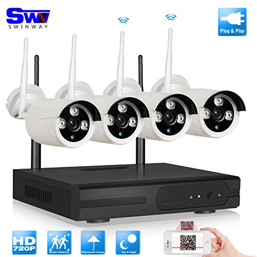 SwinWay 4CH WIFI NVR Wireless Security Camera System with 4 Wireless IP 720P wide angle lens Outdoor Night Vision security CCTV Cameras Plug and Play Smart Phone APP Remote View