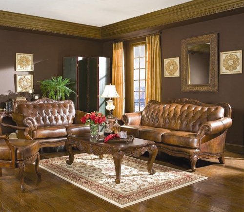 2pc Sofa Set Button Tufted Nail Head Trim Tri-Tone Leather