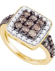 1.62 Carat (ctw) 10K Yellow Gold Round Cognac & White Diamond Ladies Cocktail Right Hand Fashion Ring