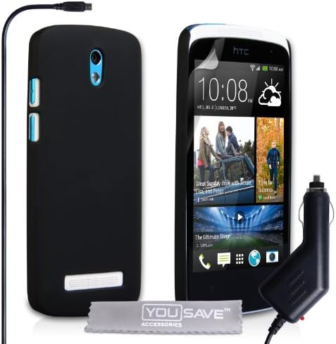 HTC Desire 500 Case Black Hard Hybrid Cover With Car Charger