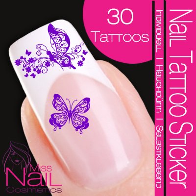 Nailart NAIL TATTOO STICKER - butterfly / floral - purple