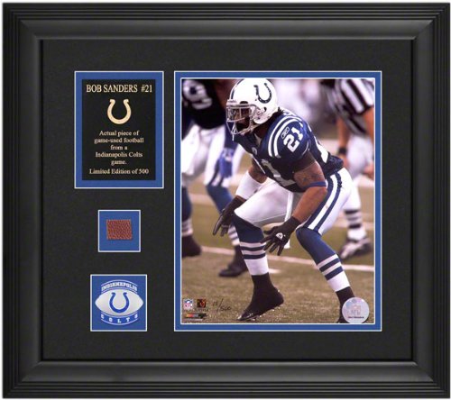 Bob Sanders Indianapolis Colts Framed 8x10 Photograph with Football Piece and Descriptive Plate