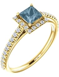 14K Yellow Gold Princess Cut Blue and White Diamond Halo-Style Ring -- LIFETIME WARRANTY