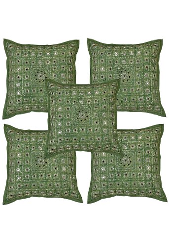 Imagen principal de Indian algodón hecho a mano Silver Thread Pesado y Trabajo Mirror Cojín tamaño del conjunto de 16 x 16 pulgadas Juego de 5 piezas